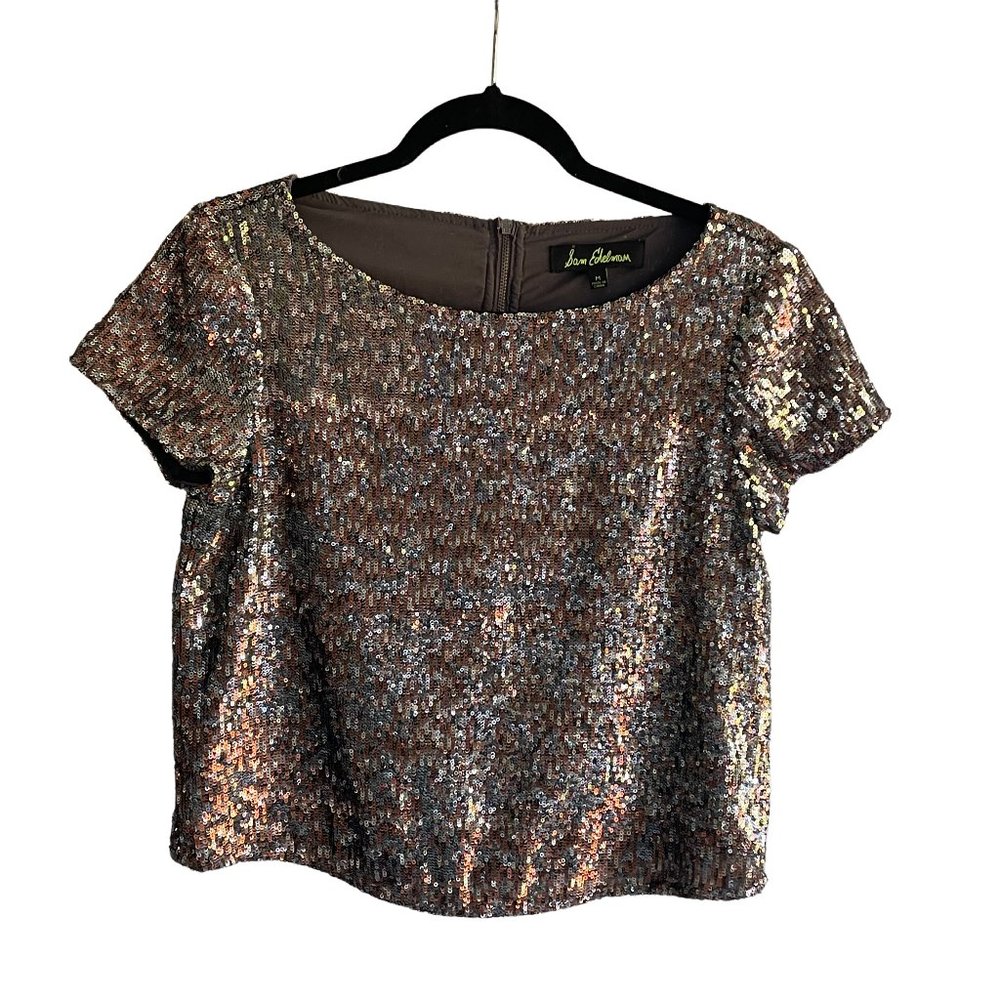 Sam Edelman Metallic Toned Short Sleeved, Boat Neck, Lined Cocktail Party Blouse